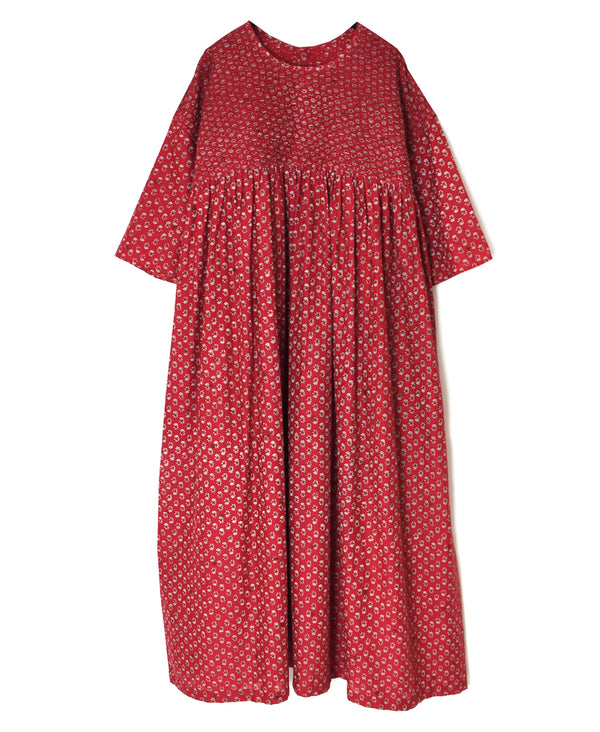 NMDS26253 80s VOILE SMALL GENTIANA BLOCK PRINT BACK OPENING PULLOVER DRESS WITH MINI PINTUCK