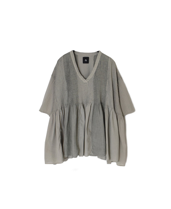 NMDS26262D ORGANIC COTTON/LINEN PATCHWORK OVERDYE V-NECK S/SLEEVE SHIRT WITH MINI PINTUCK