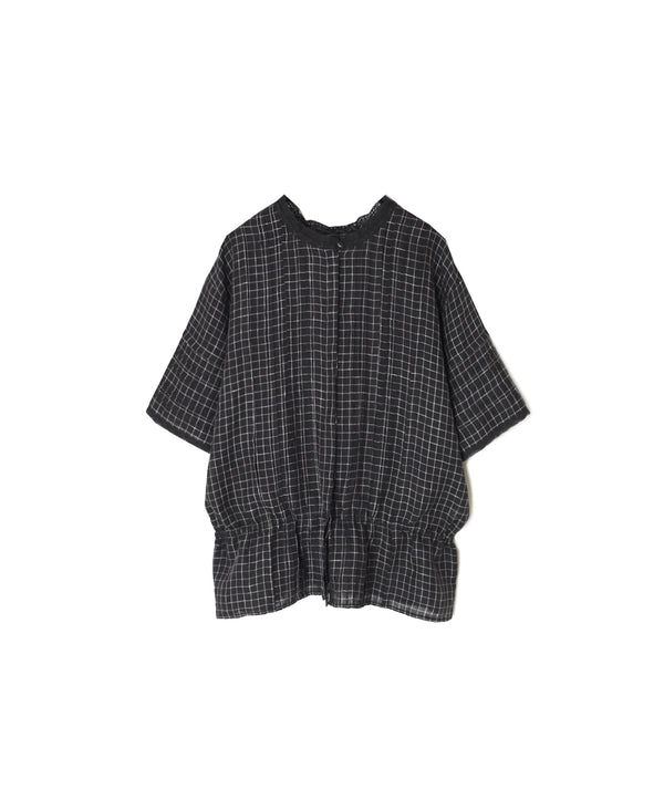 NMDS26281 80s POWER LOOM LINEN CHECK LACE PINTUCK HALF/SLEEVE 2WAY SHIRT