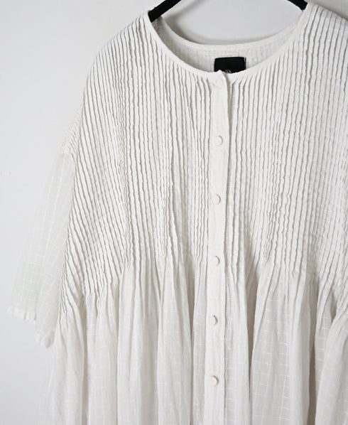 NMDS26501D 80s ORGANIC DOBIE CHECK OVERDYE CREW-NECK BUTTON SHIRT WITH PINTUCK