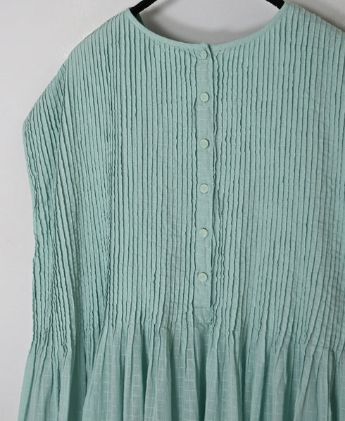NMDS26503D 80s ORGANIC DOBIE CHECK OVERDYE CREW-NECK F/SL DRESS WITH PINTUCK