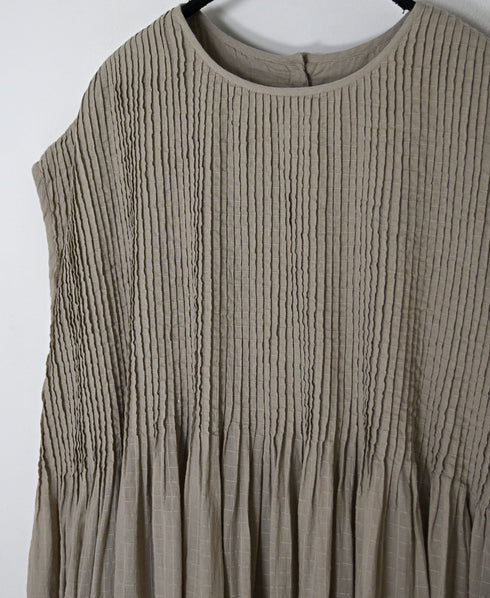 NMDS26503D 80s ORGANIC DOBIE CHECK OVERDYE CREW-NECK F/SL DRESS WITH PINTUCK