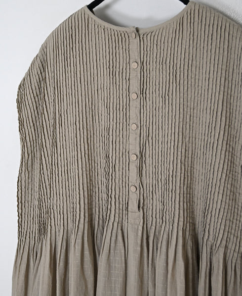 NMDS26503D 80s ORGANIC DOBIE CHECK OVERDYE CREW-NECK F/SL DRESS WITH PINTUCK