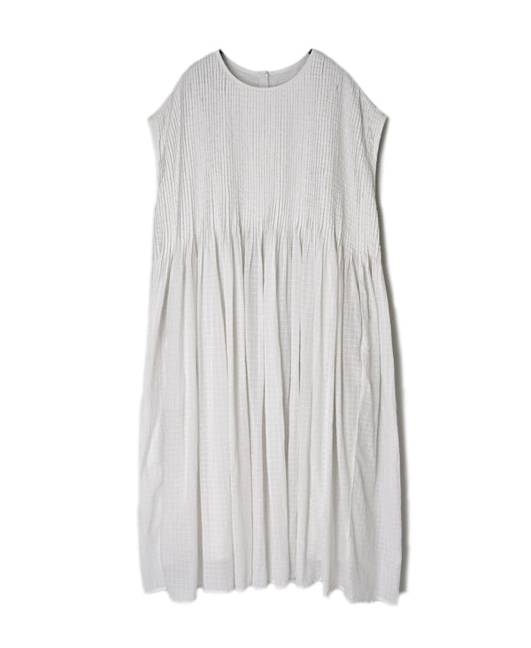 NMDS26503D 80s ORGANIC DOBIE CHECK OVERDYE CREW-NECK F/SL DRESS WITH PINTUCK
