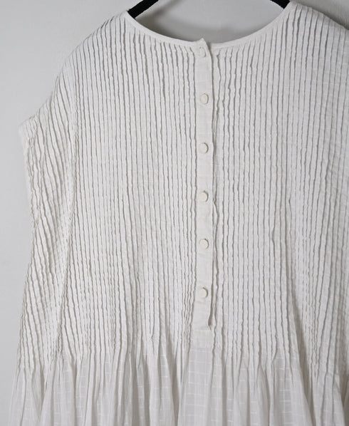 NMDS26503D 80s ORGANIC DOBIE CHECK OVERDYE CREW-NECK F/SL DRESS WITH PINTUCK
