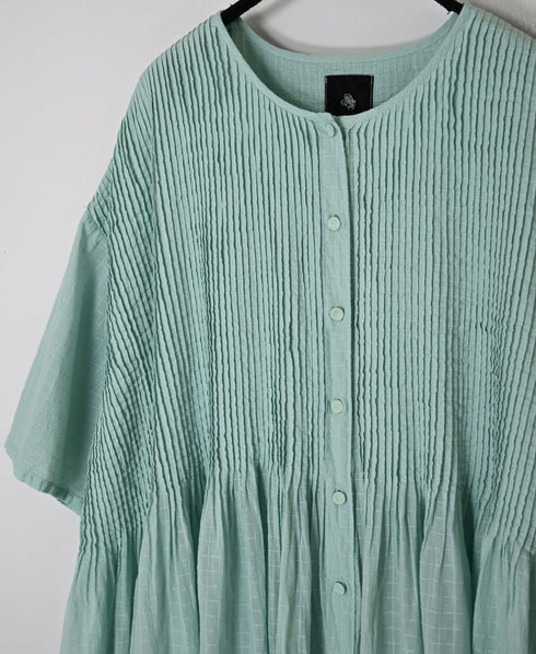 NMDS26504D 80s ORGANIC DOBIE CHECK OVERDYE CREW-NECK BUTTON SHIRT MAXI DRESS WITH PINTUCK