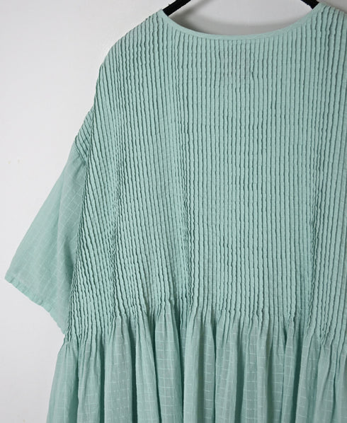 NMDS26504D 80s ORGANIC DOBIE CHECK OVERDYE CREW-NECK BUTTON SHIRT MAXI DRESS WITH PINTUCK