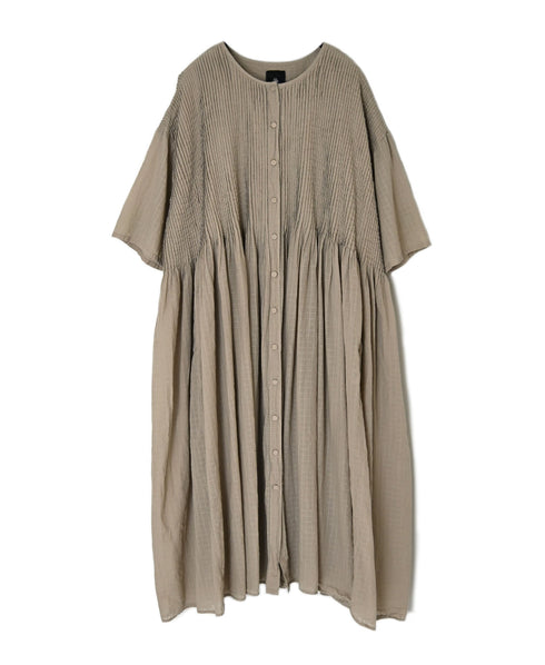NMDS26504D 80s ORGANIC DOBIE CHECK OVERDYE CREW-NECK BUTTON SHIRT MAXI DRESS WITH PINTUCK