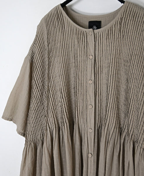 NMDS26504D 80s ORGANIC DOBIE CHECK OVERDYE CREW-NECK BUTTON SHIRT MAXI DRESS WITH PINTUCK
