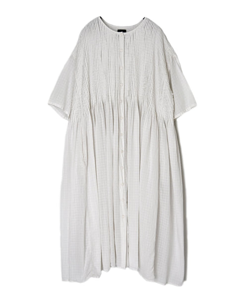 NMDS26504D 80s ORGANIC DOBIE CHECK OVERDYE CREW-NECK BUTTON SHIRT MAXI DRESS WITH PINTUCK