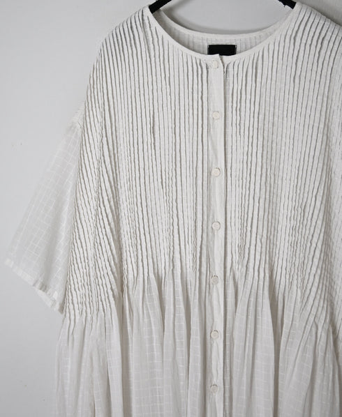 NMDS26504D 80s ORGANIC DOBIE CHECK OVERDYE CREW-NECK BUTTON SHIRT MAXI DRESS WITH PINTUCK