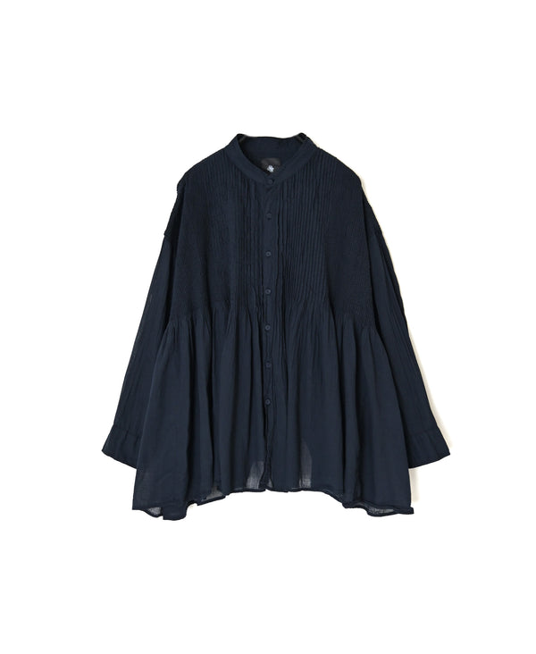 NMDS26512D 80s ORGANIC VOILE STRIPE (OVERDYE) MINI PINTUCK BANDED SHIRT