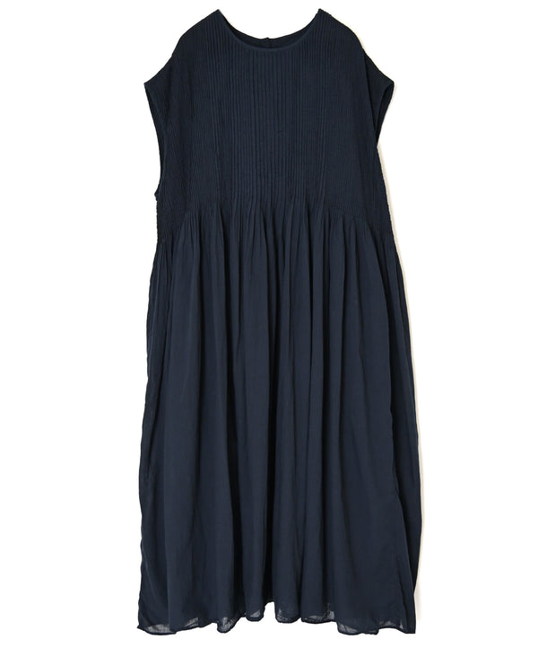 NMDS26513D 80s ORGANIC VOILE STRIPE (OVERDYE) CREW-NECK F/SL DRESS WITH PINTUCK