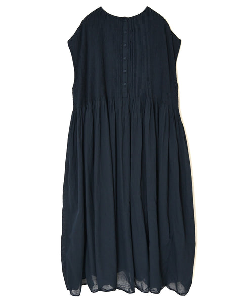 NMDS26513D 80s ORGANIC VOILE STRIPE (OVERDYE) CREW-NECK F/SL DRESS WITH PINTUCK