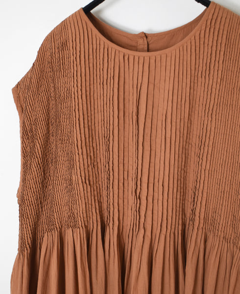 NMDS26513D 80s ORGANIC VOILE STRIPE (OVERDYE) CREW-NECK F/SL DRESS WITH PINTUCK