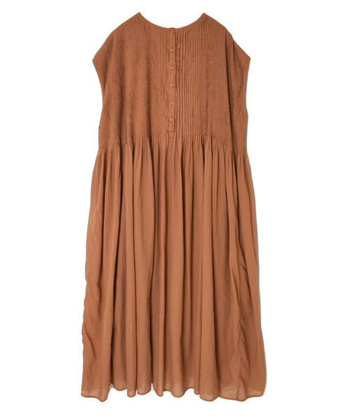 NMDS26513D 80s ORGANIC VOILE STRIPE (OVERDYE) CREW-NECK F/SL DRESS WITH PINTUCK