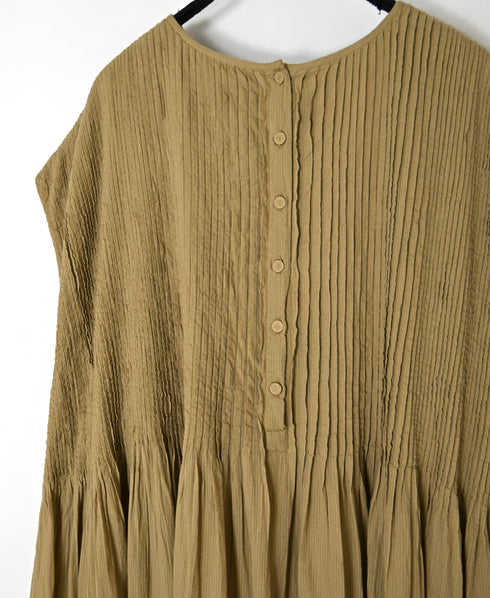 NMDS26513D 80s ORGANIC VOILE STRIPE (OVERDYE) CREW-NECK F/SL DRESS WITH PINTUCK