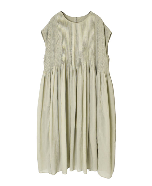 NMDS26513D 80s ORGANIC VOILE STRIPE (OVERDYE) CREW-NECK F/SL DRESS WITH PINTUCK