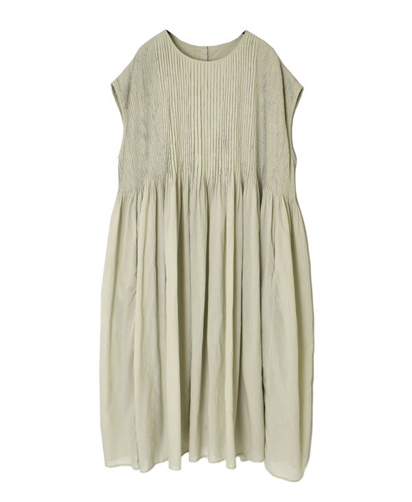 NMDS26513D 80s ORGANIC VOILE STRIPE (OVERDYE) CREW-NECK F/SL DRESS WITH PINTUCK