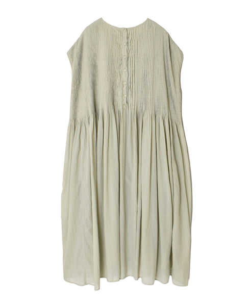 NMDS26513D 80s ORGANIC VOILE STRIPE (OVERDYE) CREW-NECK F/SL DRESS WITH PINTUCK