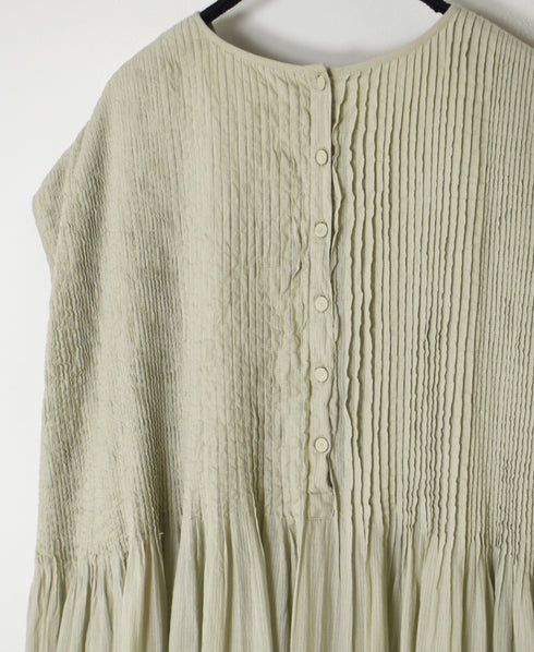 NMDS26513D 80s ORGANIC VOILE STRIPE (OVERDYE) CREW-NECK F/SL DRESS WITH PINTUCK