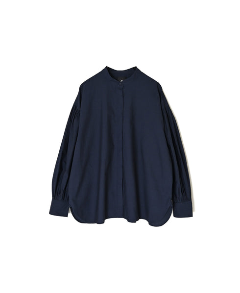 NMDS26531 60s ORGANIC POPLIN PLAIN BANDED COLLAR GATHERED SLEEVE SHIRT
