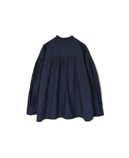 NMDS26531 60s ORGANIC POPLIN PLAIN BANDED COLLAR GATHERED SLEEVE SHIRT