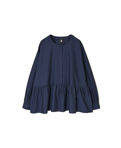 NMDS26532 60s ORGANIC POPLIN PLAIN CREW-NECK BUTTON GATHERED SHIRT