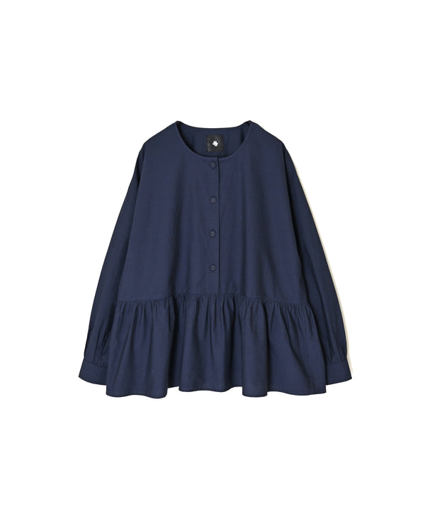 NMDS26532 60s ORGANIC POPLIN PLAIN CREW-NECK BUTTON GATHERED SHIRT
