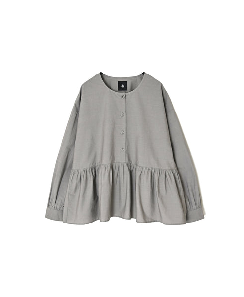 NMDS26532 60s ORGANIC POPLIN PLAIN CREW-NECK BUTTON GATHERED SHIRT