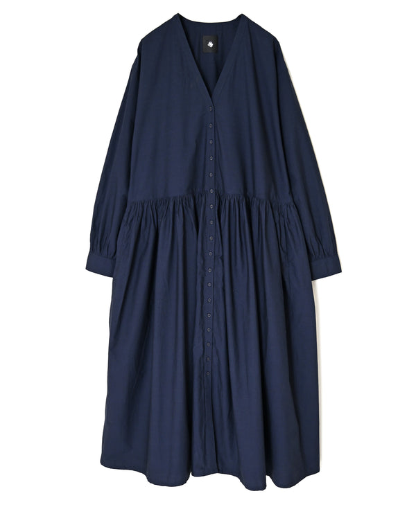 NMDS26534 60s ORGANIC POPLIN PLAIN GATHERED V-NECK DRESS
