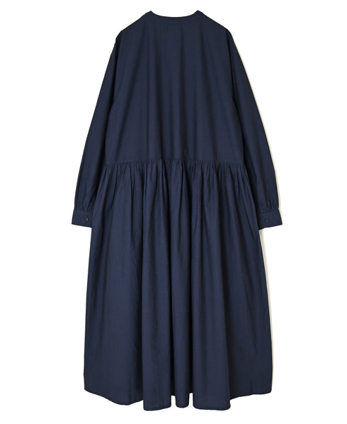 NMDS26534 60s ORGANIC POPLIN PLAIN GATHERED V-NECK DRESS