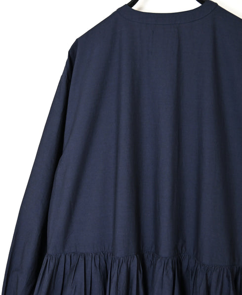 NMDS26534 60s ORGANIC POPLIN PLAIN GATHERED V-NECK DRESS