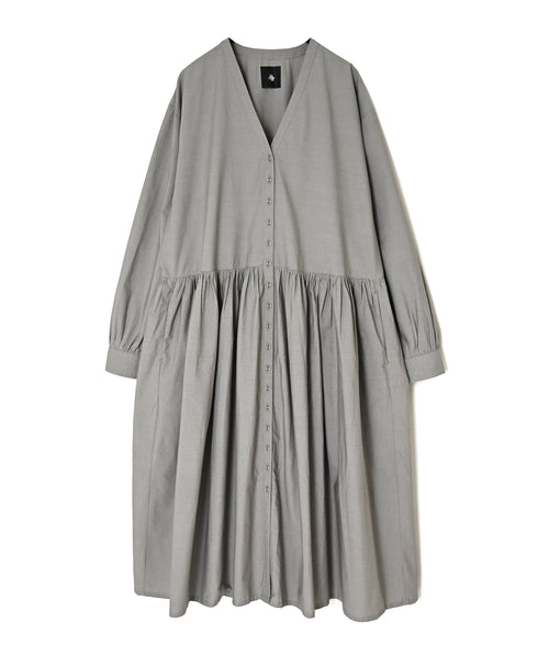 NMDS26534 60s ORGANIC POPLIN PLAIN GATHERED V-NECK DRESS