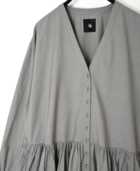 NMDS26534 60s ORGANIC POPLIN PLAIN GATHERED V-NECK DRESS