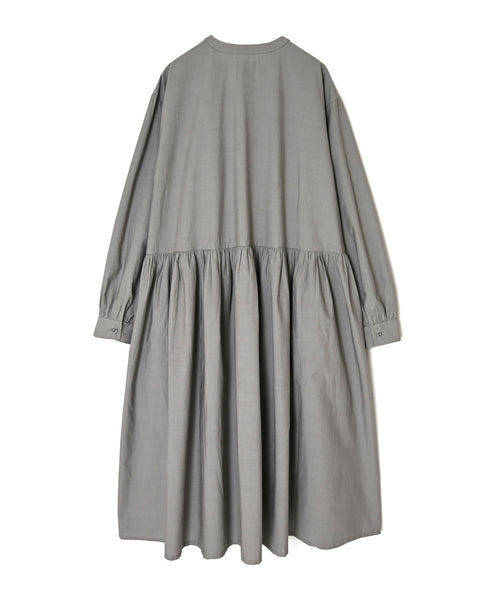 NMDS26534 60s ORGANIC POPLIN PLAIN GATHERED V-NECK DRESS
