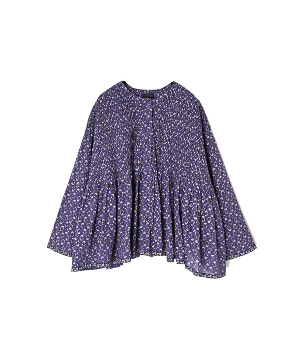 NMDS26542 80s ORGANIC VOILE GENTIANA BLOCK PRINT CREW-NECK BUTTON SHIRT WITH PINTUCK