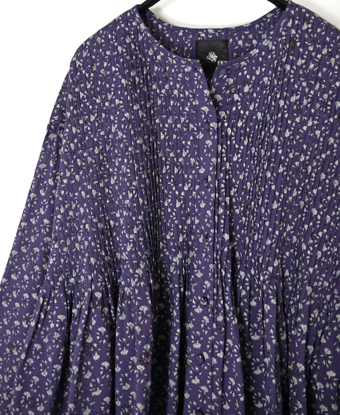NMDS26542 80s ORGANIC VOILE GENTIANA BLOCK PRINT CREW-NECK BUTTON SHIRT WITH PINTUCK