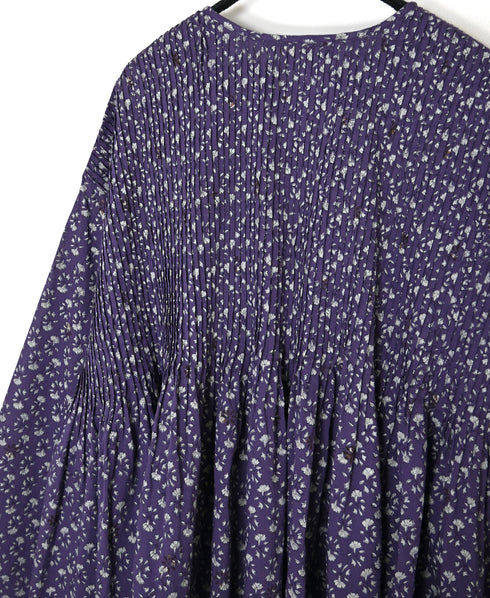 NMDS26542 80s ORGANIC VOILE GENTIANA BLOCK PRINT CREW-NECK BUTTON SHIRT WITH PINTUCK