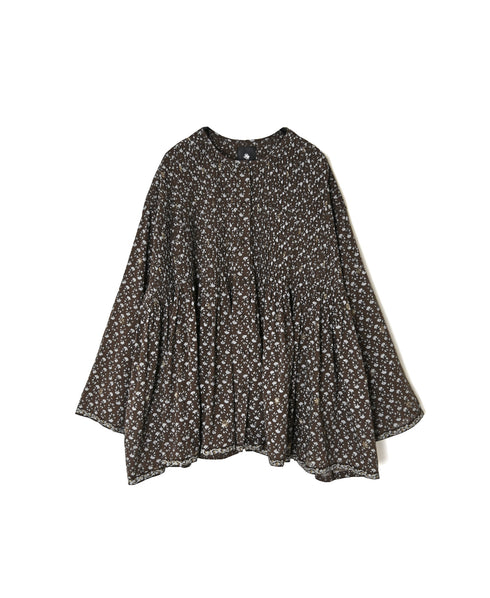 NMDS26542 80s ORGANIC VOILE GENTIANA BLOCK PRINT CREW-NECK BUTTON SHIRT WITH PINTUCK