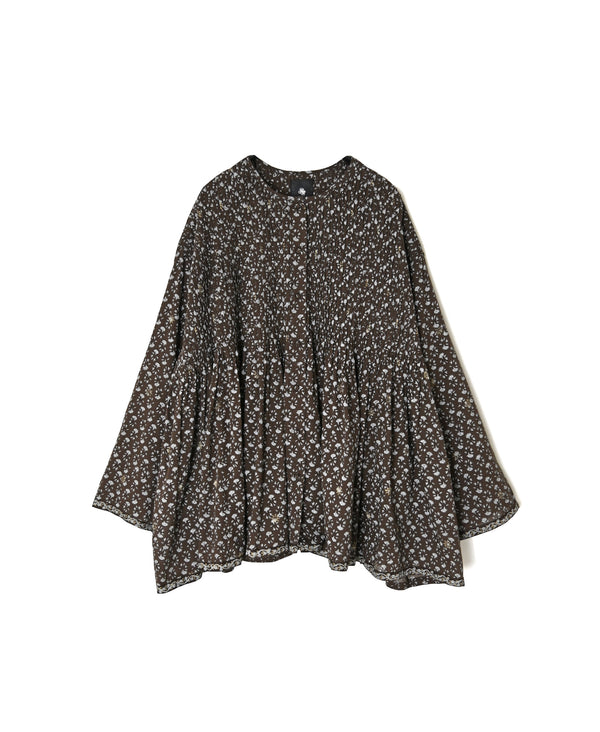 NMDS26542 80s ORGANIC VOILE GENTIANA BLOCK PRINT CREW-NECK BUTTON SHIRT WITH PINTUCK