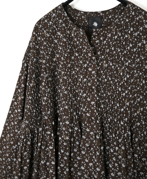 NMDS26542 80s ORGANIC VOILE GENTIANA BLOCK PRINT CREW-NECK BUTTON SHIRT WITH PINTUCK