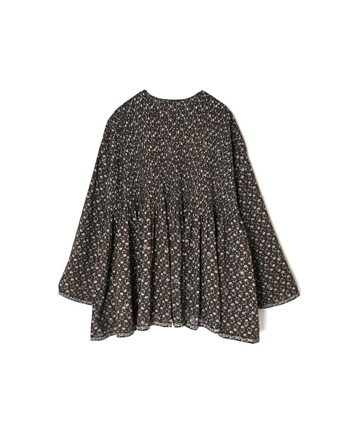 NMDS26542 80s ORGANIC VOILE GENTIANA BLOCK PRINT CREW-NECK BUTTON SHIRT WITH PINTUCK