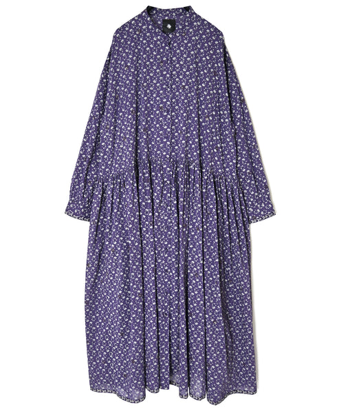 NMDS26544 80s ORGANIC VOILE GENTIANA BLOCK PRINT BANDED COLLAR DRESS WITH RAJASTHAN GATHER