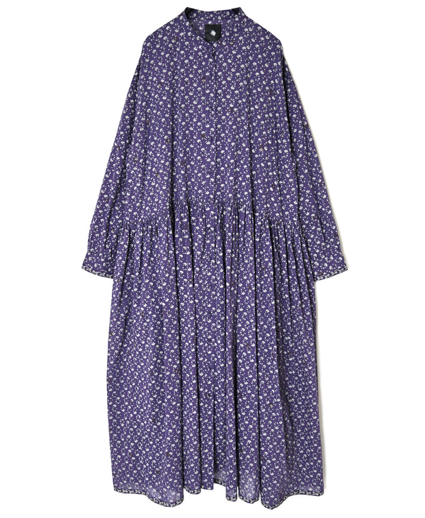 NMDS26544 80s ORGANIC VOILE GENTIANA BLOCK PRINT BANDED COLLAR DRESS WITH RAJASTHAN GATHER
