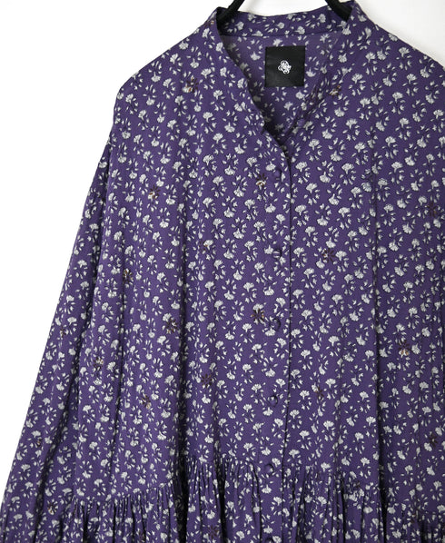 NMDS26544 80s ORGANIC VOILE GENTIANA BLOCK PRINT BANDED COLLAR DRESS WITH RAJASTHAN GATHER