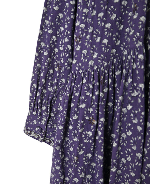 NMDS26544 80s ORGANIC VOILE GENTIANA BLOCK PRINT BANDED COLLAR DRESS WITH RAJASTHAN GATHER