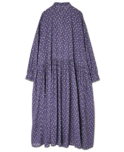 NMDS26544 80s ORGANIC VOILE GENTIANA BLOCK PRINT BANDED COLLAR DRESS WITH RAJASTHAN GATHER