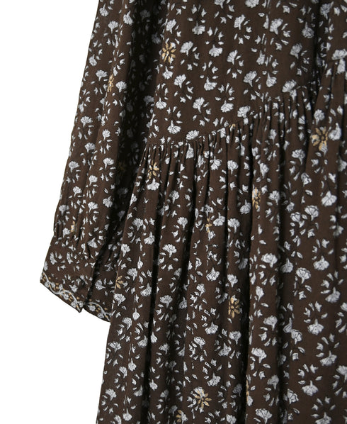 NMDS26544 80s ORGANIC VOILE GENTIANA BLOCK PRINT BANDED COLLAR DRESS WITH RAJASTHAN GATHER