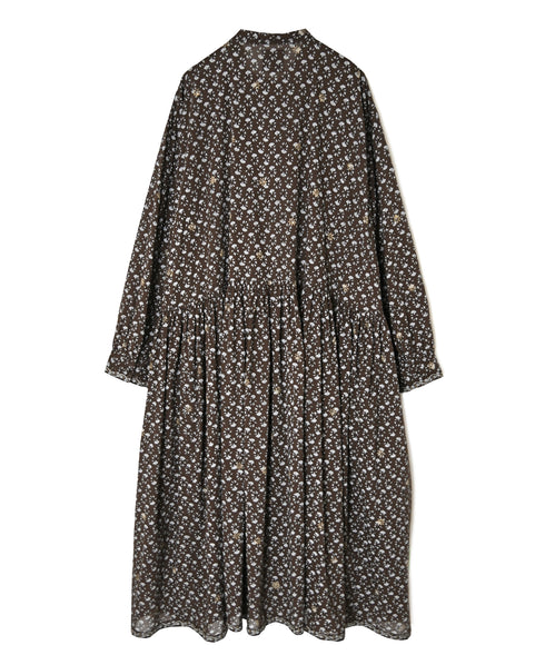 NMDS26544 80s ORGANIC VOILE GENTIANA BLOCK PRINT BANDED COLLAR DRESS WITH RAJASTHAN GATHER